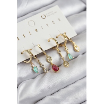 Pirinç Zirkon Taşlı Sallantılı Model Gold Renk 6lı Küpe Set -