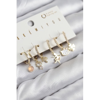 Pirinç Zirkon Taşlı Hello Kity Ve Yonca Model Gold Renk 6lı Küpe Set -