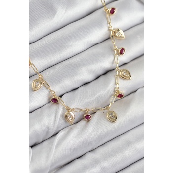 Pirinç Zirkon Taşlı Sallantılı Damla Model Gold Renk Kadın Kolye -