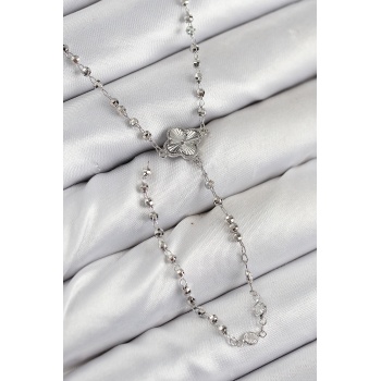 Pirinç Zirkon Taşlı Yonca Model Gümüş Renk Kadın Y Kolye -