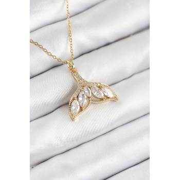 316L Çelik Zirkon Taşlı Balık Kuyruğu Model Gold Renk Kadın Kolye -