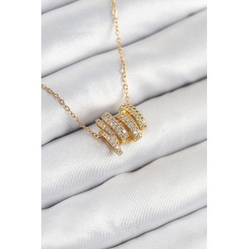 316L Çelik Zirkon Taşlı Sarmal Model Gold Renk Kadın Kolye -