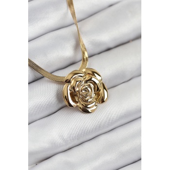 316L Çelik Gül Figürlü İtalyan Zincir Model Gold Renk Kadın Kolye -