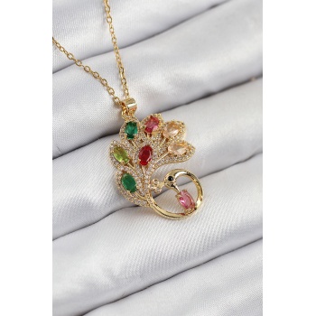 316L Çelik Zirkon Taşlı Tavus Kuşu Model Gold Renk Kadın Kolye -