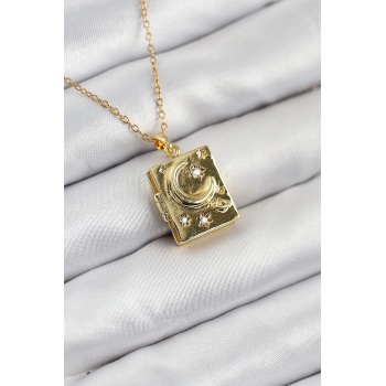 316L Çelik Zirkon Taşlı Açılabilr Kapaklı Kitap Model Gold Renk Kadın Kolye -