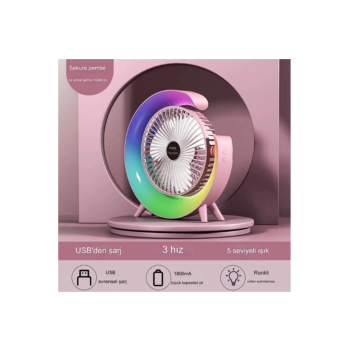 Masaüstü Vantilatör Usb Şarjlı Rgb Led Işıklı 3 Kademeli 180° Ayarlanabilir Soğutucu Fan Pembe - Lisinya