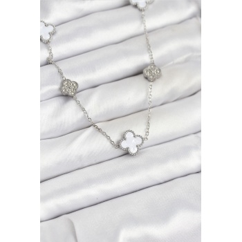 316L Çelik Zincir Gümüş Renk Beyaz ve Zirkon Taşlı Yonca Kadın Kolye -