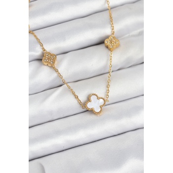 316L Çelik Zincir Gold Renk Beyaz ve Zirkon Taşlı Yonca Kadın Kolye -