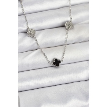 316L Çelik Zincir Gümüş Renk Siyah ve Zirkon Taşlı Baby Boy Yonca Kadın Kolye -