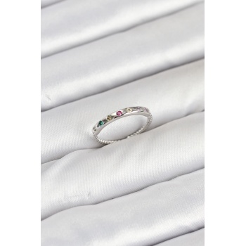 Pirinç Gümüş Renk Renkli Zirkon Taşlı Kadın Yüzük -