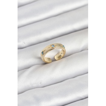 Pirinç Gold Renk Mavi Zirkon Taşlı Kutup Yıldızı Model Kadın Yüzük -