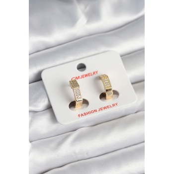 Pirinç Gold Renk Zirkon Taşlı Altıgen Kadın Küpe -