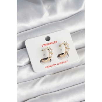 Pirinç Gold Renk Kalpli Zirkon Taşlı Kadın Küpe -