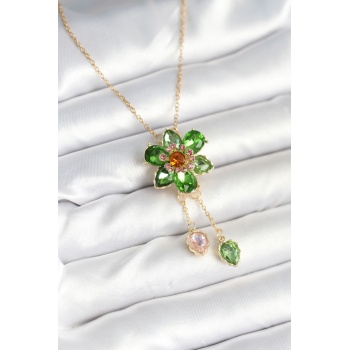 316L Çelik Zincir Gold Renk Çiçek Model Sallantılı Kadın Kolye -