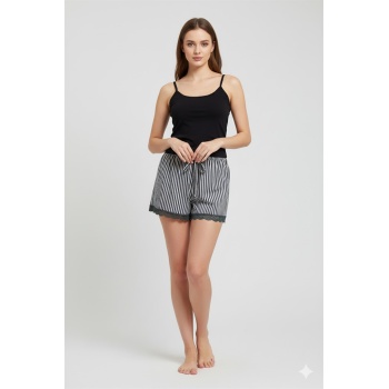 Çizgili Penye Kadın Ev Şortu Bacak Dantel Detaylı Ev Giyim Siyah