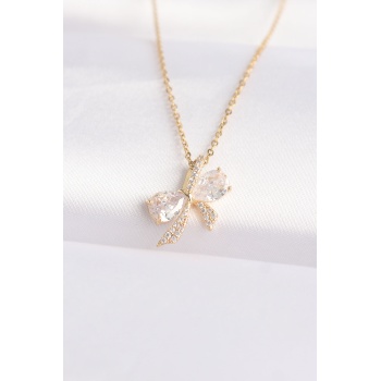 316L Çelik Zincir Altın Renk Zirkon Taşlı Fiyonk Kolye - Lisinya