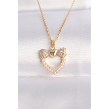 316L Çelik Zincir Altın Renk İnci Taş Detay Zirkon Taşlı Kalp Kolye - Lisinya