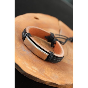 Çelik Aksesuarlı Siyah Renk Deri Erkek Bileklik - Lisinya