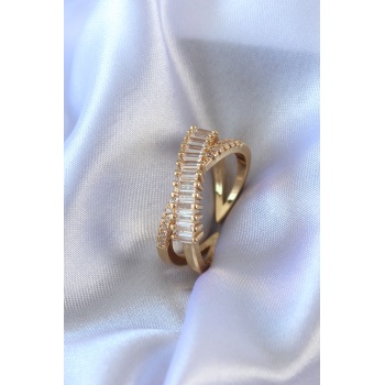 Gold Renk Zirkon Taşlı Pirinç Kadın Yüzük - Lisinya