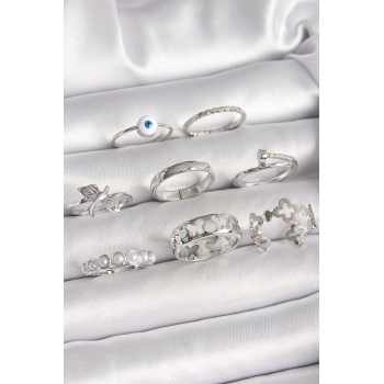 Pirinç Gümüş Renk Nazar Boncuk Detay İncili Kelebek İşlemeli Kadın Yüzük Kombini - Lisinya