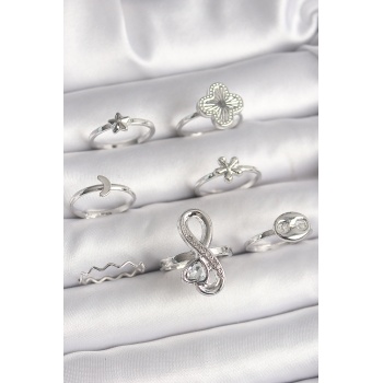 Pirinç Gümüş Renk Yonca Figür Sonsuzluk Zirkon Taşlı Kalp Detay Kadın Yüzük Kombini - Lisinya