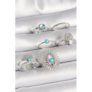 Pirinç Gümüş Renk Mavi Taşlı Kare Zirkon Taş Detaylı Kadın Yüzük Kombini - Lisinya