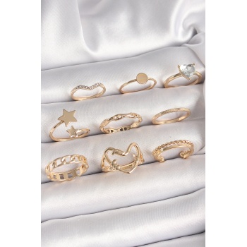 Pirinç Gold Renk Zirkon Taş Detaylı Kalp Yıldız Figür Kadın Yüzük Kombini - Lisinya