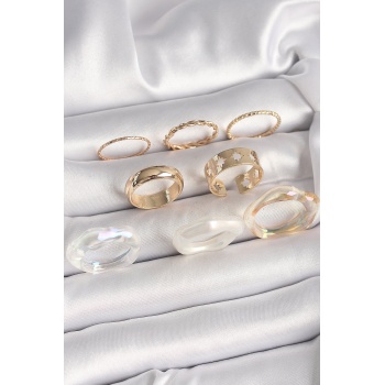 Pirinç Gold Renk Beyaz Akrilik Plastik Modek Kutup Yıldız İşleme Detay Kadın Yüzük Kombini - Lisinya