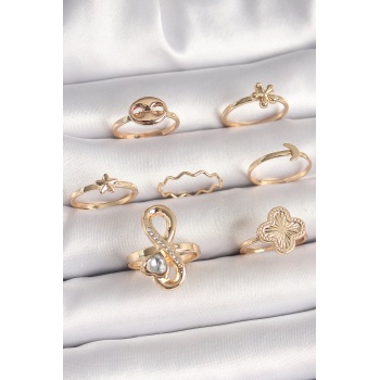 Pirinç Gold Renk Zirkon Taşlı Sonsuzluk Figür Yıldız Detay Kadın Yüzük Kombini - Lisinya