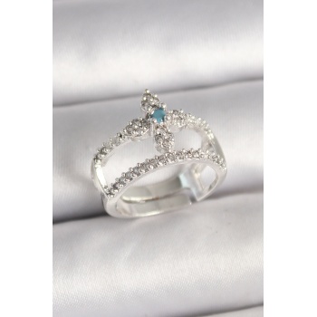 Pirinç Gümüş Renk Zirkon Taşlı Ayarlanabilir Model Kadın Yüzük - Lisinya