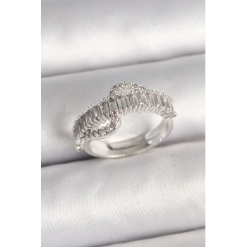 Pirinç Gümüş Renk Su Yolu Zirkon Taşlı Ayarlanabilir Model Kadın Yüzük - Lisinya