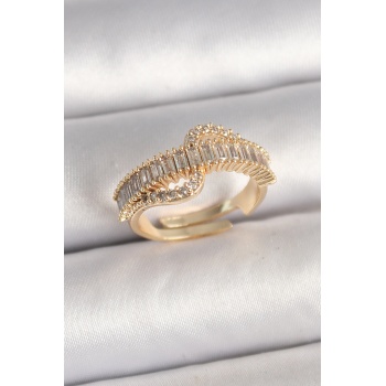 Pirinç Gold Renk Su Yolu Zirkon Taşlı Ayarlanabilir Model Kadın Yüzük - Lisinya