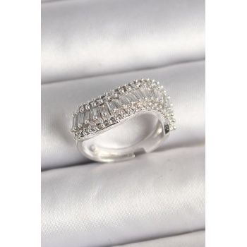 Pirinç Gümüş Renk Su Yolu Zirkon Dalga Model Ayarlanabilir Kadın Yüzük - Lisinya