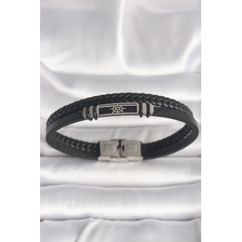 316L Çelik Gümüş Renk Gemi Dümeni Figür Siyah Burgu Deri Kordon Model Erkek Bileklik - Lisinya
