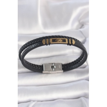 316L Çelik Gold Renk Örümcek Figür Çift Sıra Burgu Desenli Deri Kordon Erkek Bileklik - Lisinya