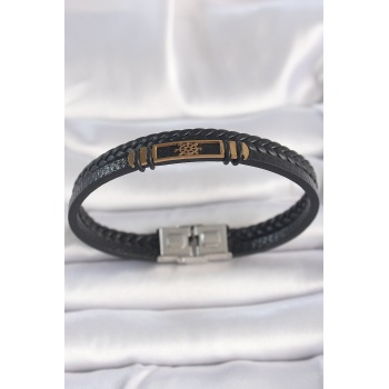 316L Çelik Gold Renk Gemi Dümeni Aksesuarlı Çift Sıra Burgu Desenli Deri Kordon Erkek Bileklik - Lisinya