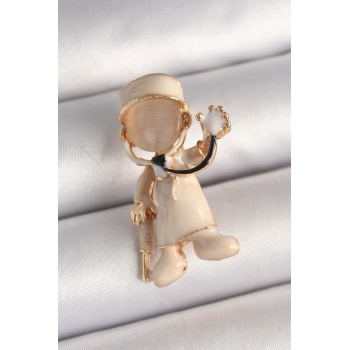 Pirinç Gold Renk Beyaz Mineli Doktor Model Kadın Broş - Lisinya