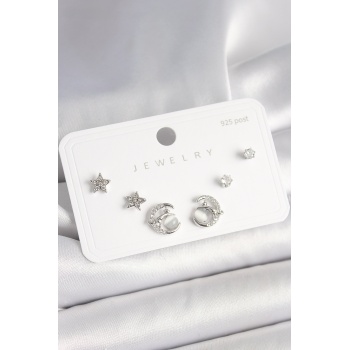 925 Ayar Gümüş Çivi Zirkon Taşlı Hilal Yıldız Model Kadın Küpe Seti - Lisinya