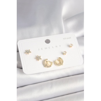 925 Ayar Gümüş Çivi Zirkon Taşlı Hilal Yıldız Model Kadın Küpe Seti - Lisinya