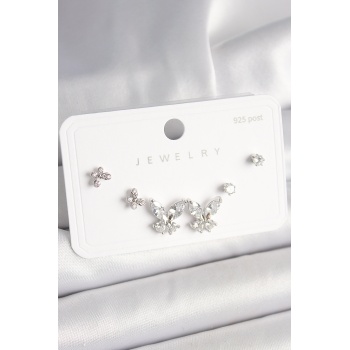 925 Ayar Gümüş Çivi Pirinç Zirkon Taşlı Kelebek Model Kadın Küpe Seti - Lisinya