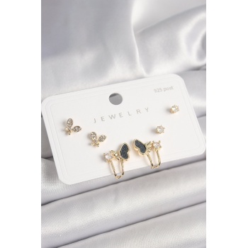 925 Ayar Gümüş Çivi Pirinç Zirkon Taşlı Kelebek Model Kadın Küpe Seti - Lisinya