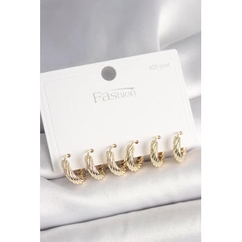 925 Ayar Gümüş Çivi Pirinç Gold Renk İşlemeli Halka Model Kadın Küpe Seti - Lisinya