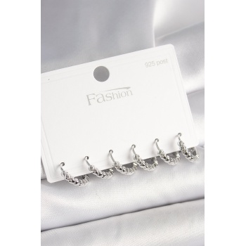 925 Ayar Gümüş Çivi Pirinç Gümüş Renk Kalp İşlemeli Halka Model Kadın Küpe Seti - Lisinya