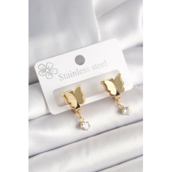 316L Çelik Gold Renk Sallantı Zirkon Taş Detaylı Simli Kelebek Model Kadın Küpe - Lisinya