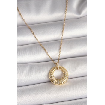 316L Çelik Gold Renk Zincir Zirkon Taş İşlemeli Daire Model Kadın Kolye - Lisinya