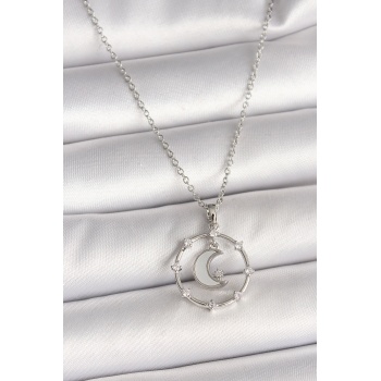 316L Çelik Gümüş Renk Zincir Zirkon Taşlı Beyaz Mineli Hilal Model Kadın Kolye - Lisinya