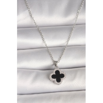 316L Çelik Gümüş Renk Zincir Zirkon Taşlı Yonca Model Kadın Kolye - Lisinya