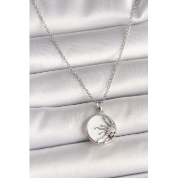 316L Çelik Gümüş Renk Zincir Beyaz Mineli Gün Batımı Model Kadın Kolye - Lisinya