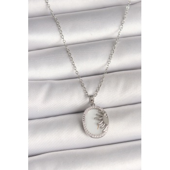 316L Çelik Gümüş Renk Zincir Beyaz Mineli Gün Batımı Model Zirkon Taş Detaylı Kadın Kolye - Lisinya