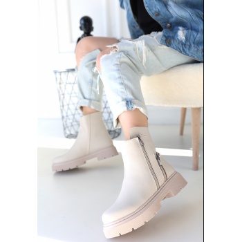 Menta Bej Cilt Fermuar Aksesuarlı Bot - Lisinya